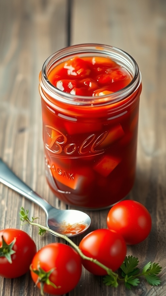 A jar of sweet tomato jam with fresh tomatoes on a wooden table.